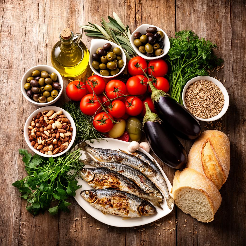 A vibrant Mediterranean spread of olive oil, olives, tomatoes, eggplant, whole grains, nuts, fish and fresh bread